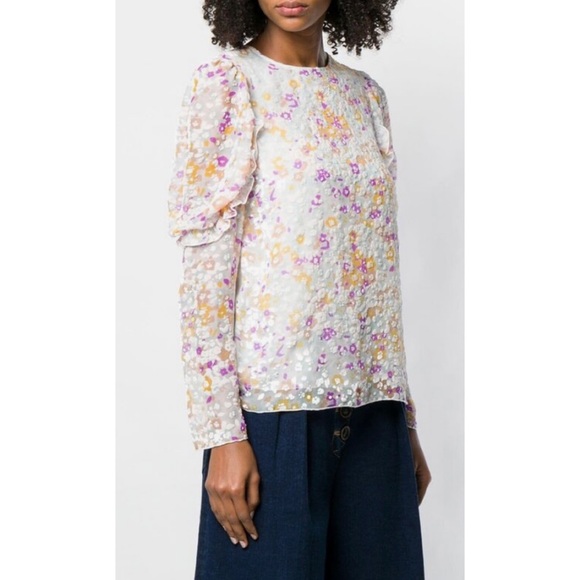 SEE BY CHLOÉ • Multicolor Floral Velvet Burnout Ruffle Long Sleeve Silk Blouse - Picture 2 of 16